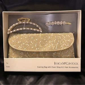 🆕 Jessica McClintock Elegant Gold Bag Chain Strap Clutch-Hair Accessories Set